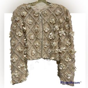 Vintage Jacket Beaded Crochet Cutout Pearl Floral Applique Formal Cropped SZ M